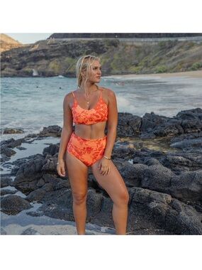 Floral High-Waist Bikini Set in Vibrant Orange